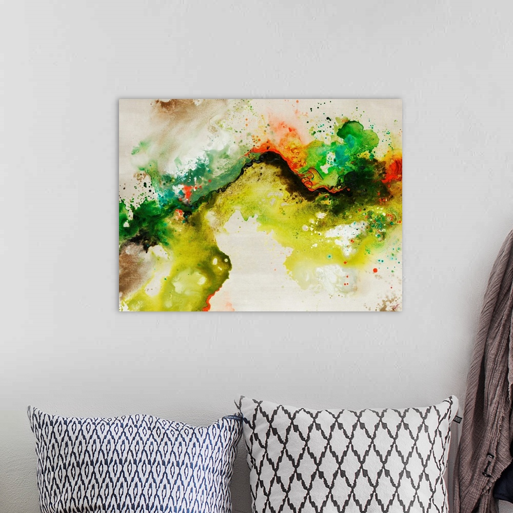 A bohemian room featuring Abstract painting of a fluid green line over a neutral background adorned with multi-color paint ...