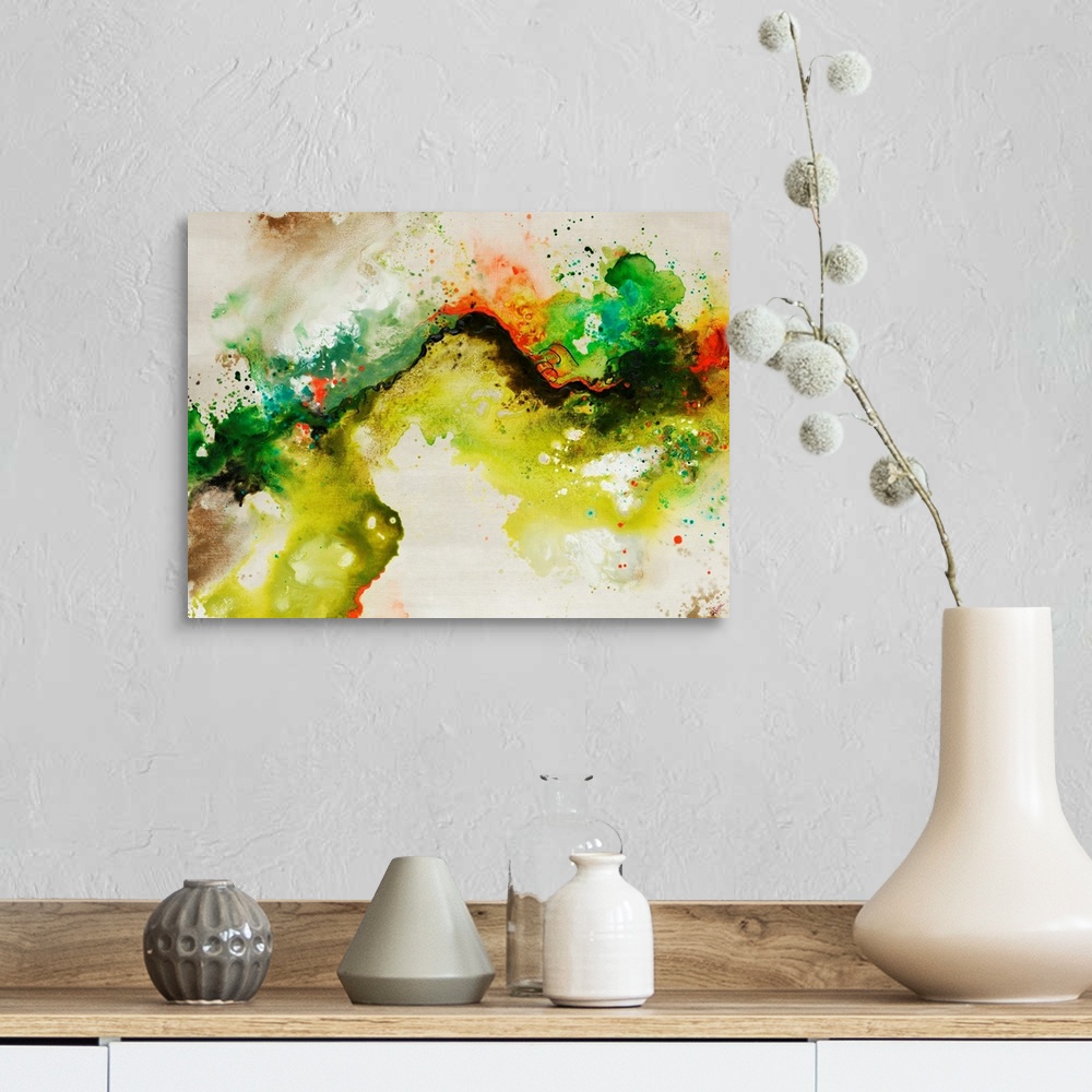 A farmhouse room featuring Abstract painting of a fluid green line over a neutral background adorned with multi-color paint ...
