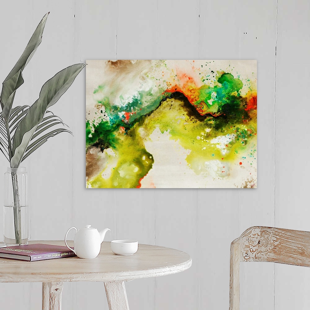 A farmhouse room featuring Abstract painting of a fluid green line over a neutral background adorned with multi-color paint ...