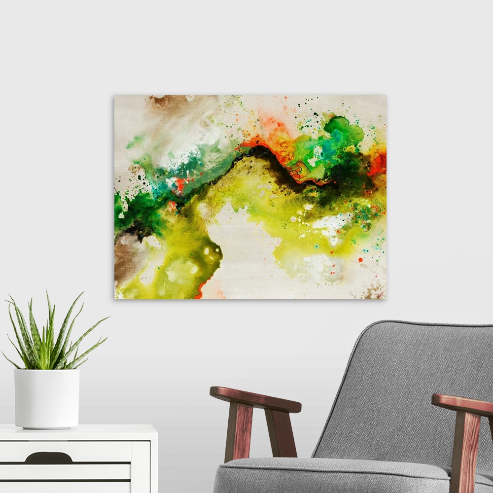 A modern room featuring Abstract painting of a fluid green line over a neutral background adorned with multi-color paint ...