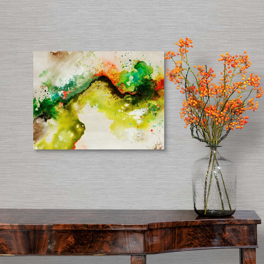 A traditional room featuring Abstract painting of a fluid green line over a neutral background adorned with multi-color paint ...