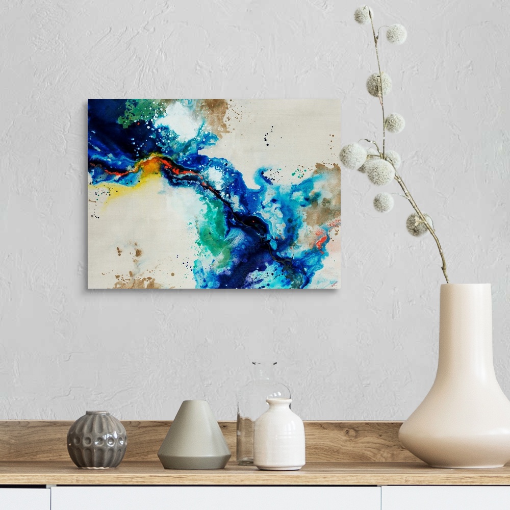 A farmhouse room featuring Abstract painting of a fluid blue line over a neutral background adorned with multi-color paint s...