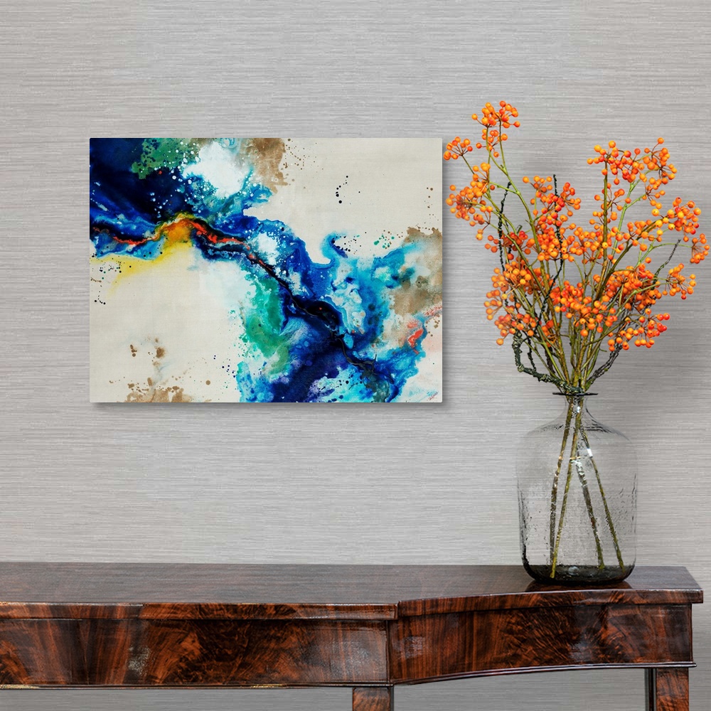 A traditional room featuring Abstract painting of a fluid blue line over a neutral background adorned with multi-color paint s...