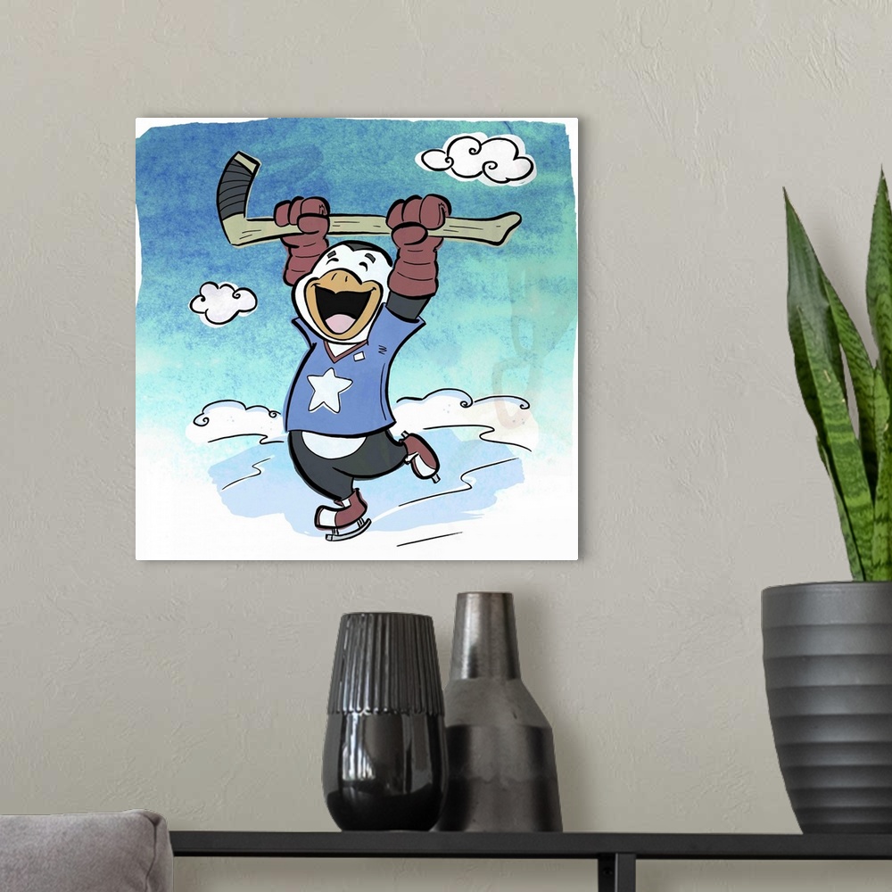 A modern room featuring Fun cartoon artwork of a penguin cheering while playing hockey.