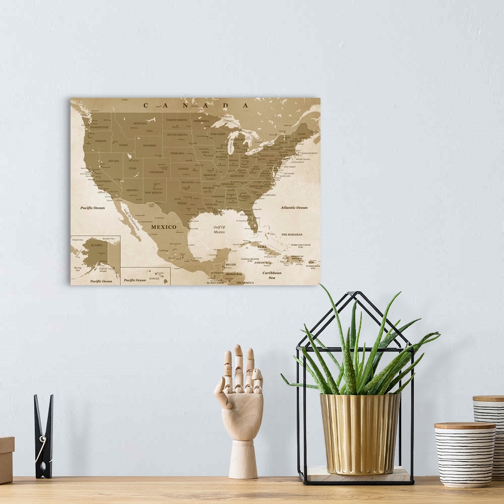 A bohemian room featuring Sepia toned map of the United States of America with an antique look.
