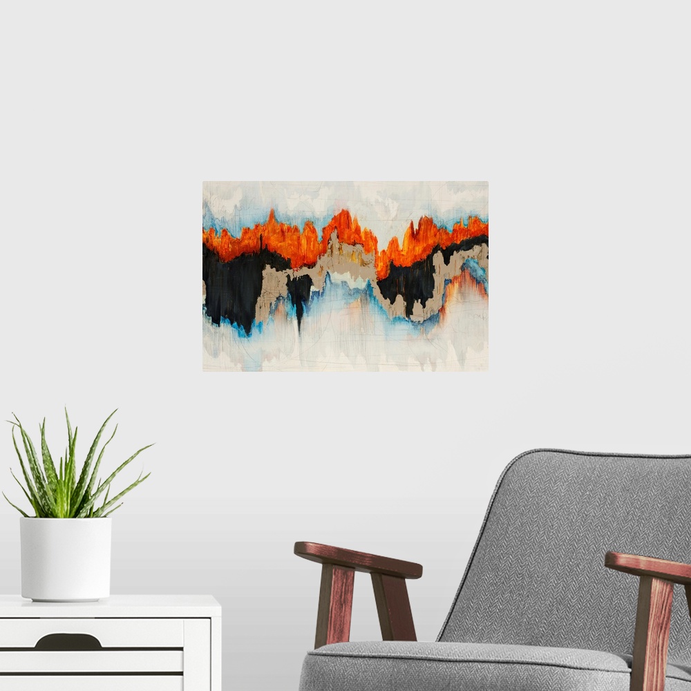 A modern room featuring Contemporary abstract painting with jagged bright orange, tan, black and light blue lines over a ...