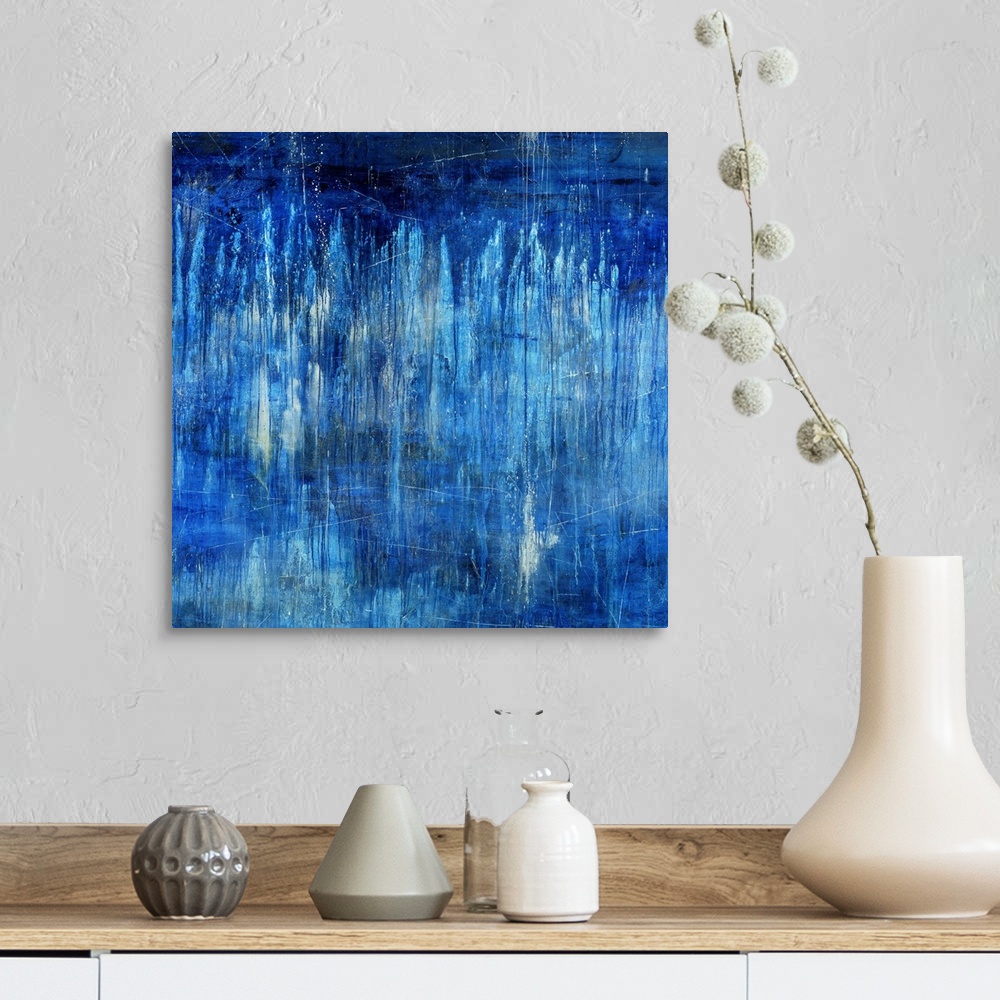 A farmhouse room featuring Big, landscape, abstract painting in blue tones of light vertical streaks in transitioning blue t...