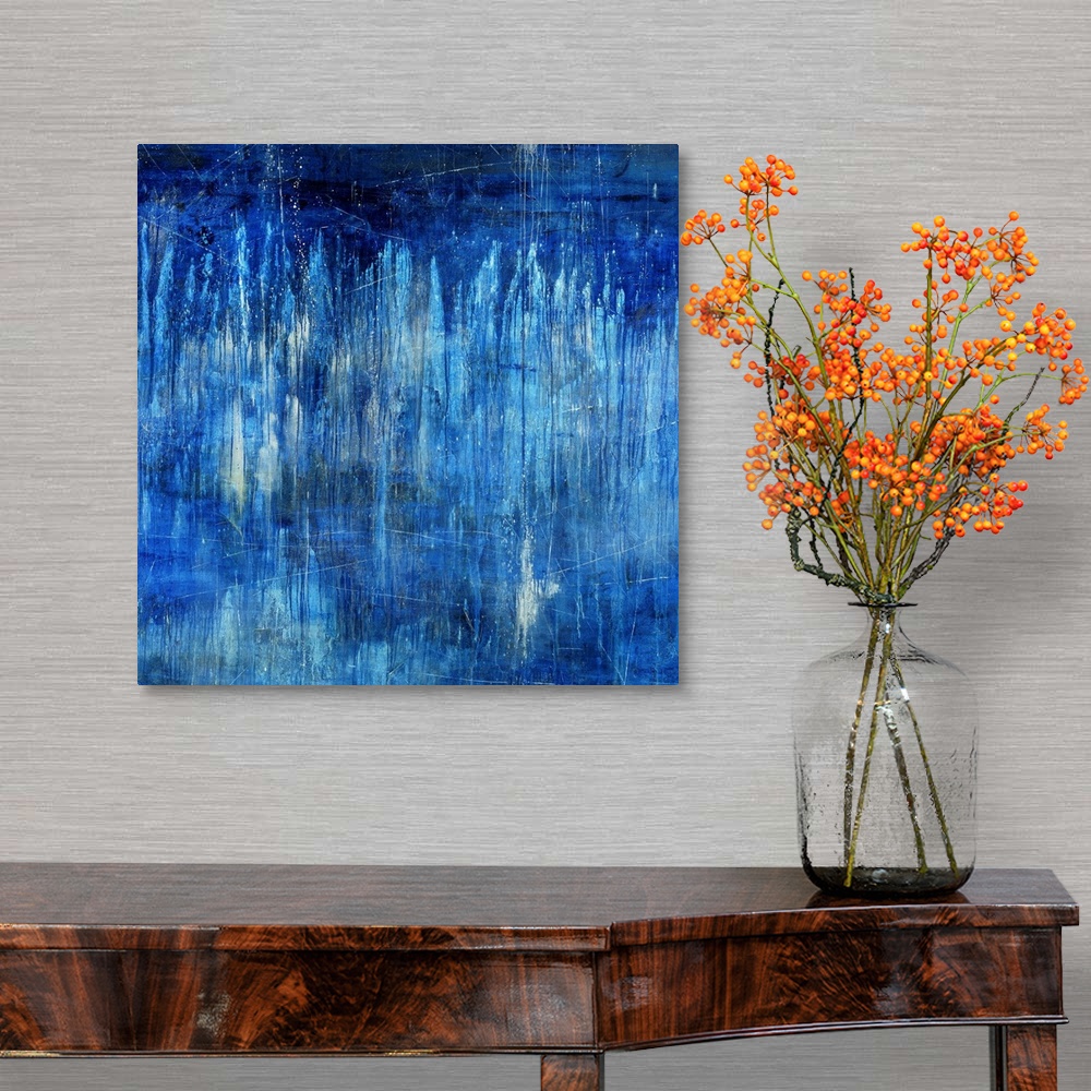 A traditional room featuring Big, landscape, abstract painting in blue tones of light vertical streaks in transitioning blue t...