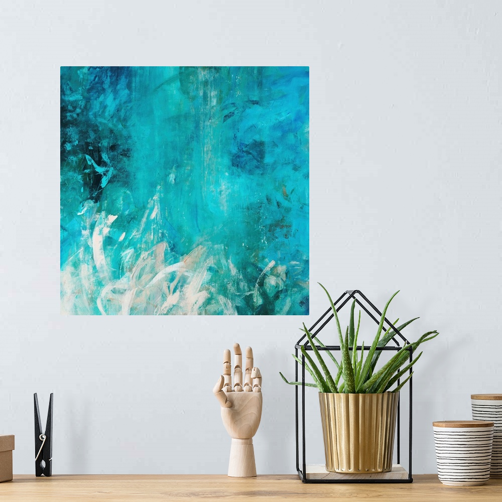 A bohemian room featuring Contemporary abstract painting with cool colored brush strokes varying in length and direction.