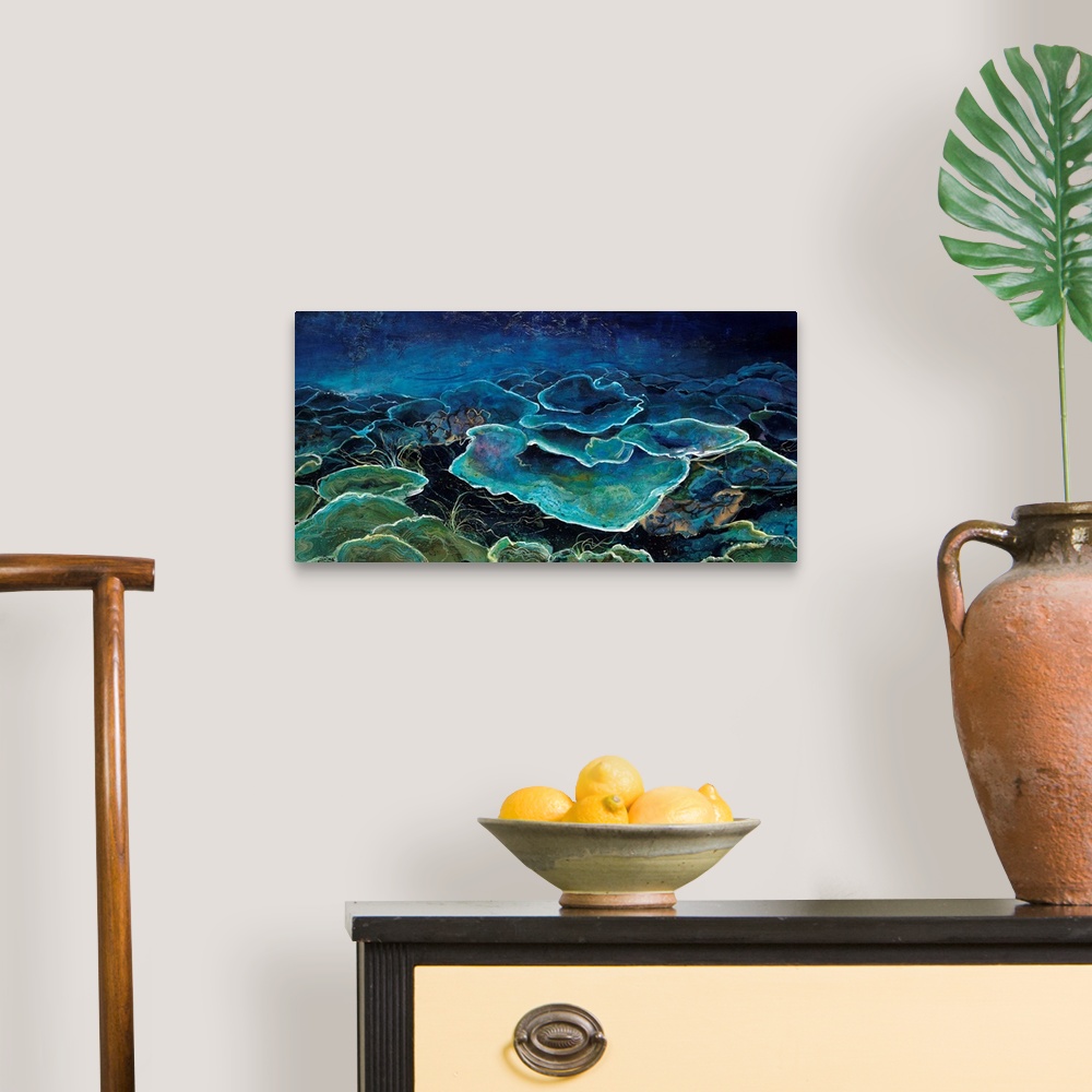 A traditional room featuring Contemporary underwater scene done in vibrant blue and green shades.