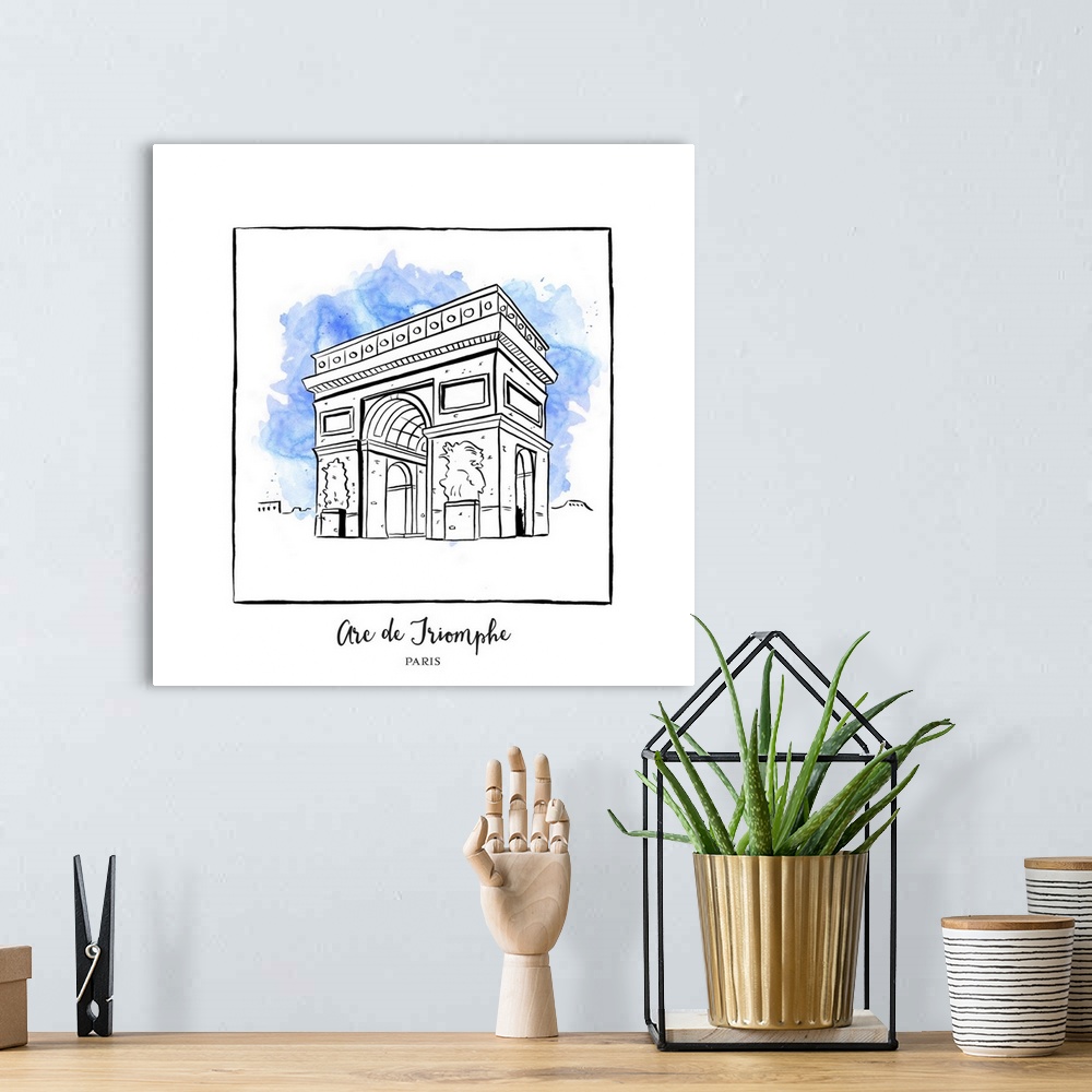 A bohemian room featuring An ink illustration of the Arc de Triomphe in Paris, France, with a blue watercolor wash.