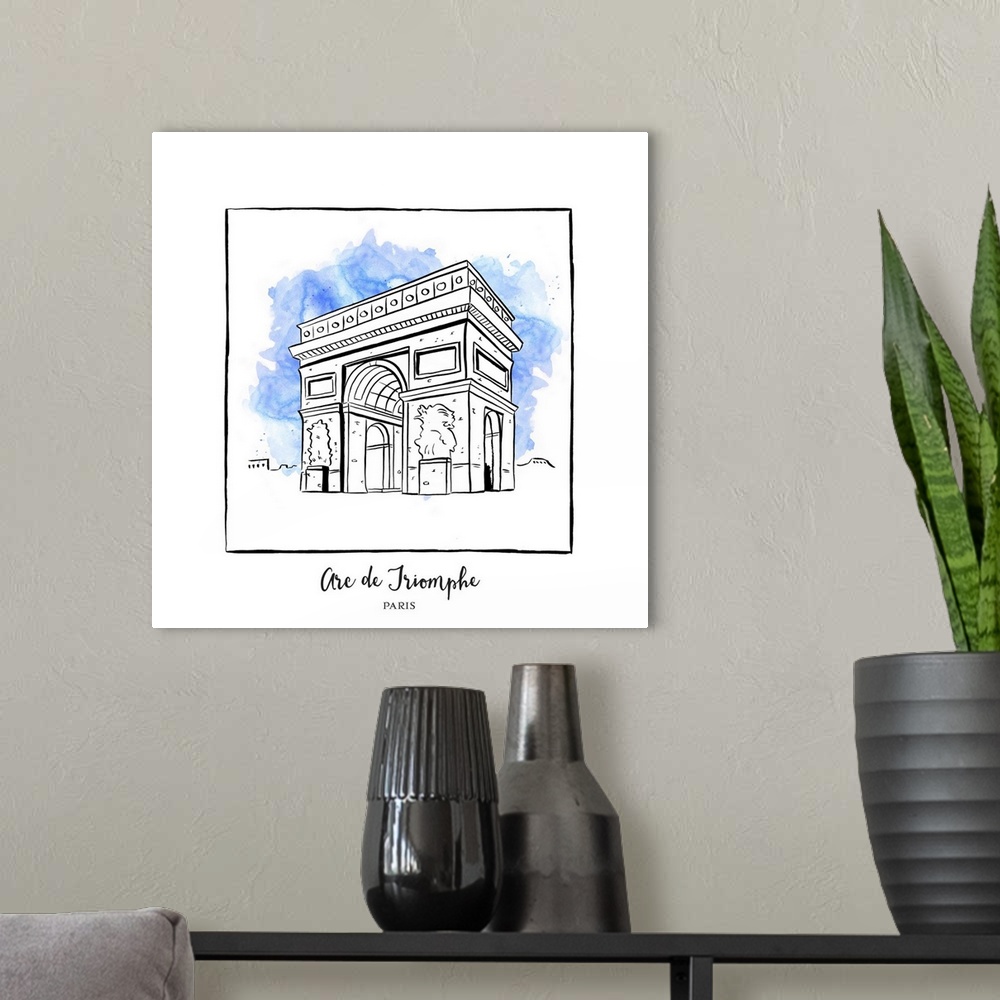 A modern room featuring An ink illustration of the Arc de Triomphe in Paris, France, with a blue watercolor wash.