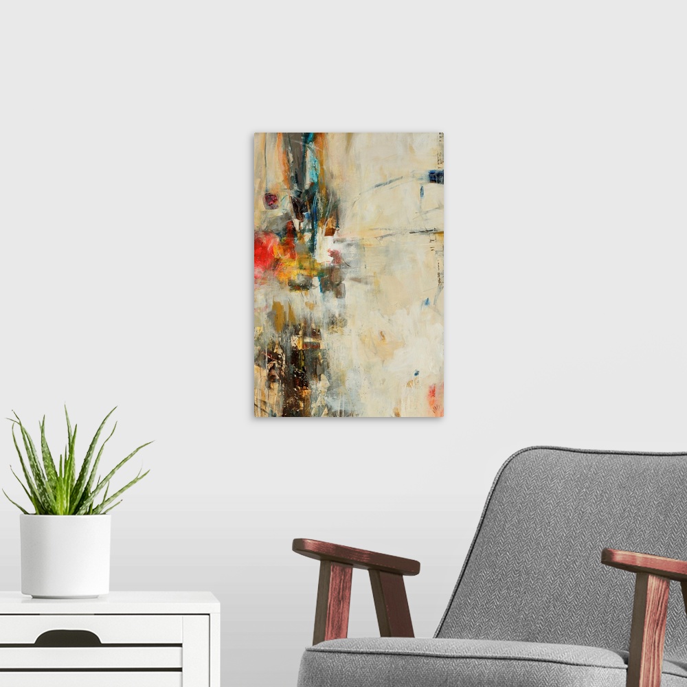 A modern room featuring Vertical, large artwork for a living room or office of small patches of numerous colors that appe...