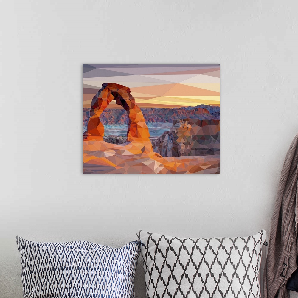 A bohemian room featuring Delicate Arch in Arches National Park, Utah, rendered in a low-polygon style.