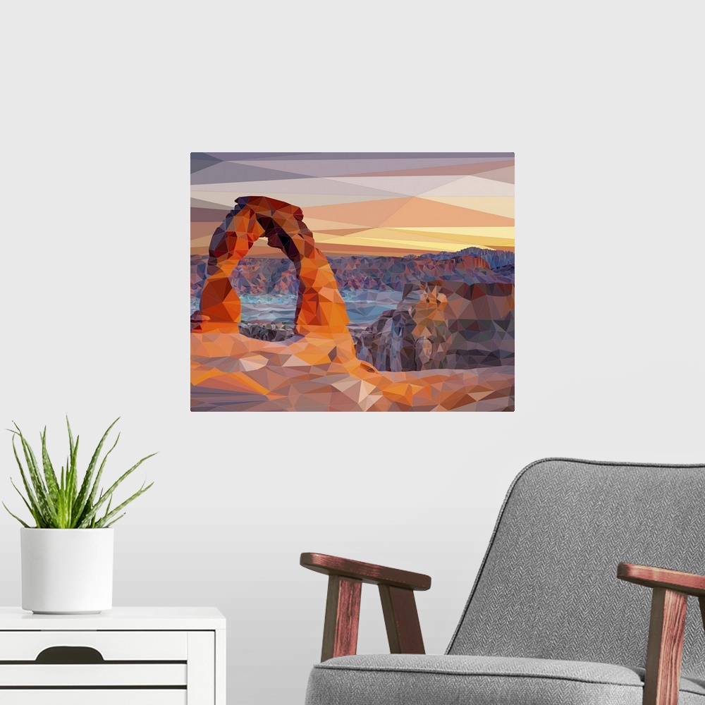 A modern room featuring Delicate Arch in Arches National Park, Utah, rendered in a low-polygon style.