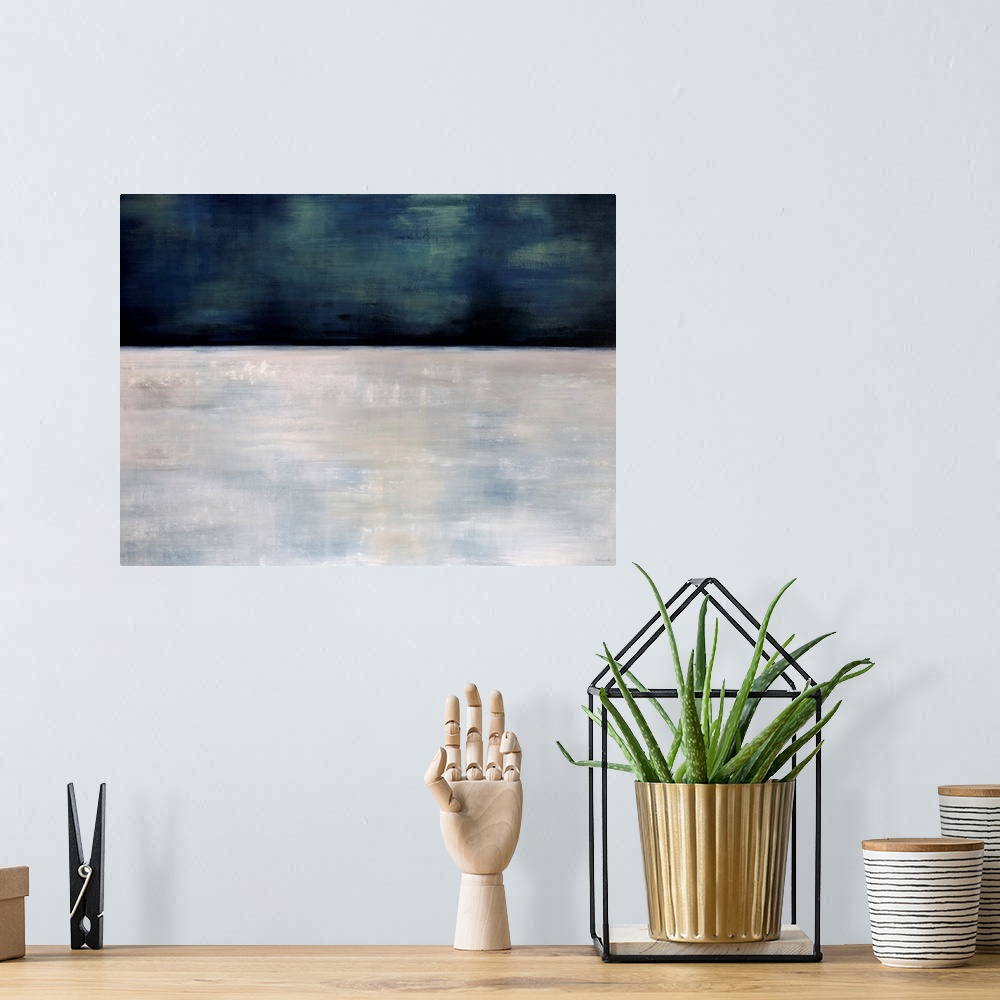 A bohemian room featuring This oversize wall art is an abstract landscape painting of snow and a starless sky.
