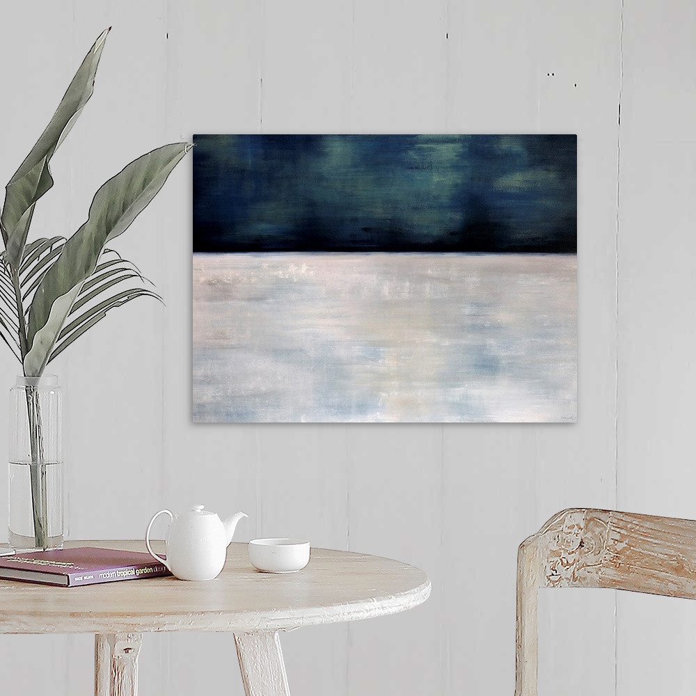 A farmhouse room featuring This oversize wall art is an abstract landscape painting of snow and a starless sky.