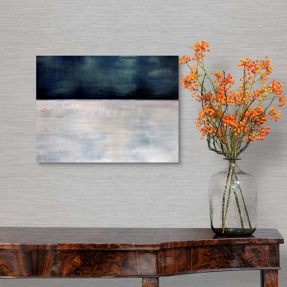 A traditional room featuring This oversize wall art is an abstract landscape painting of snow and a starless sky.