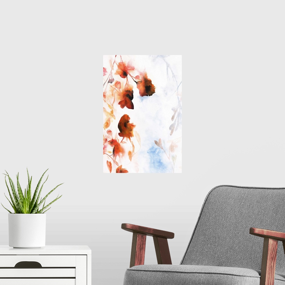 A modern room featuring Silhouettes of orange toned flowers lining the left side of the canvas on a white background with...