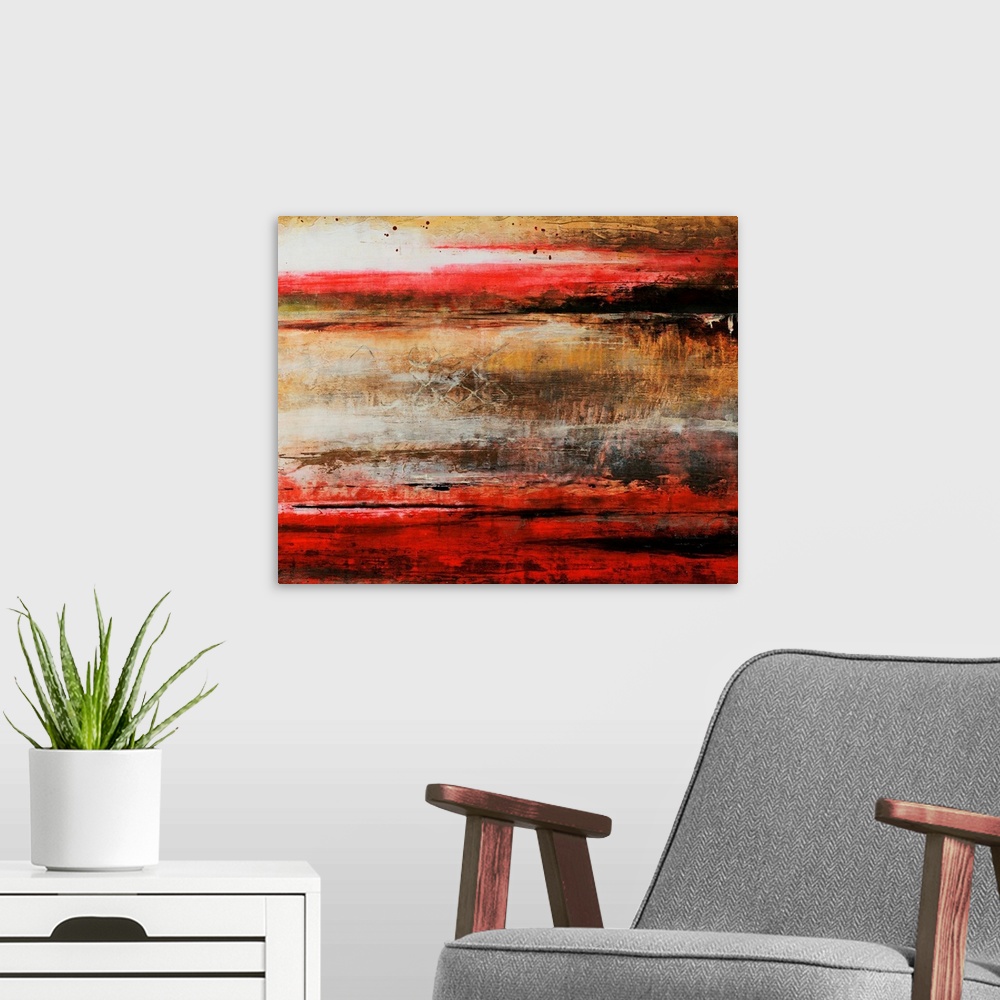 A modern room featuring Abstract artwork painted with rich scarlet red and rich brown tones.