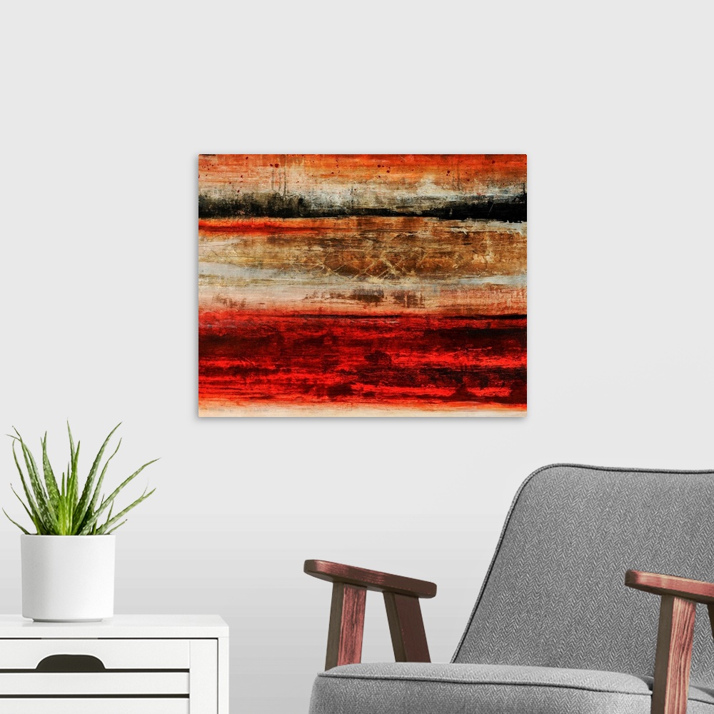 A modern room featuring Abstract artwork painted with rich scarlet red and rich brown tones.