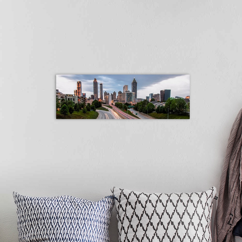A bohemian room featuring Panoramic photo of skyscrapers in the Atlanta, Georgia skyline in the late afternoon.