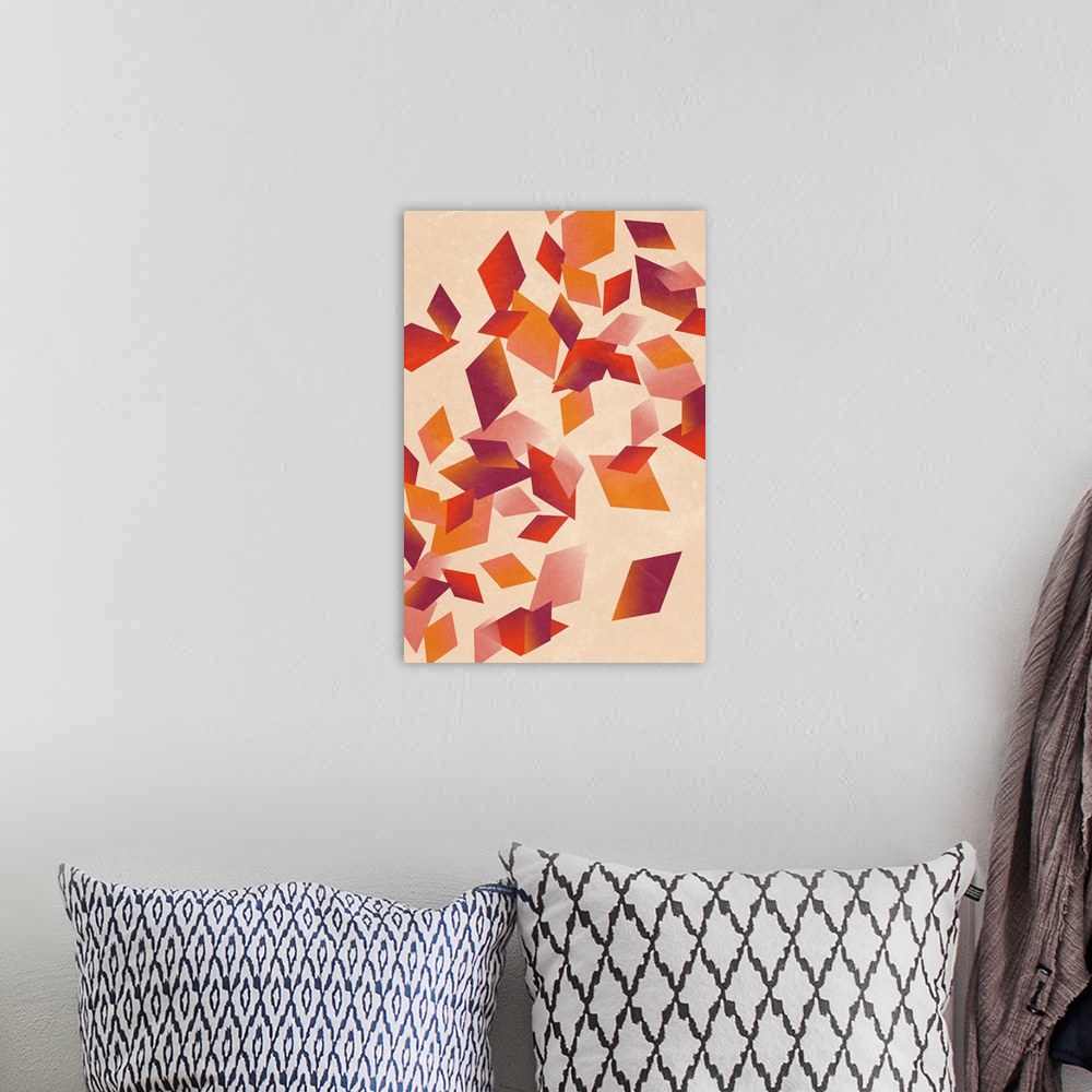 A bohemian room featuring Contemporary geometric artwork of diamond shapes in warm colors against a cream background.