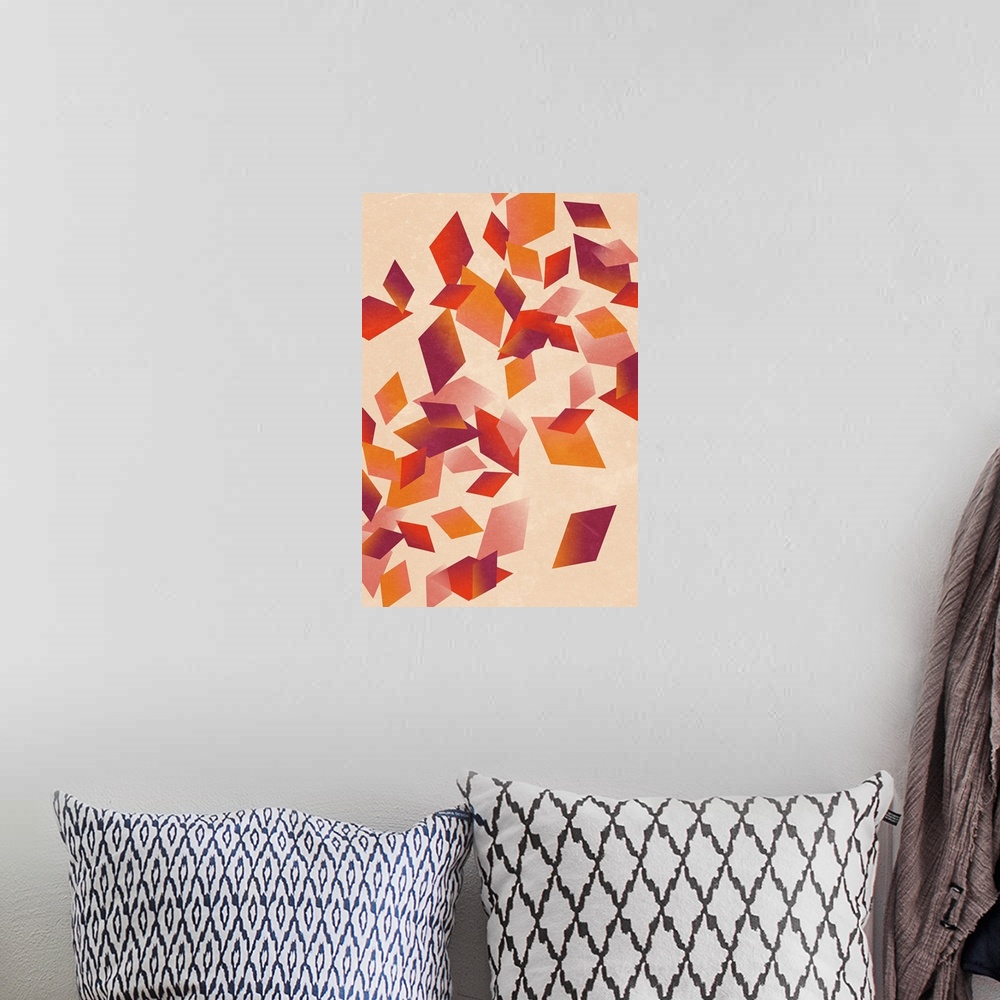 A bohemian room featuring Contemporary geometric artwork of diamond shapes in warm colors against a cream background.