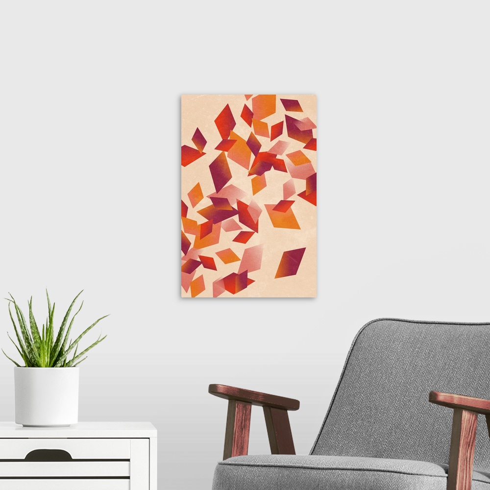 A modern room featuring Contemporary geometric artwork of diamond shapes in warm colors against a cream background.
