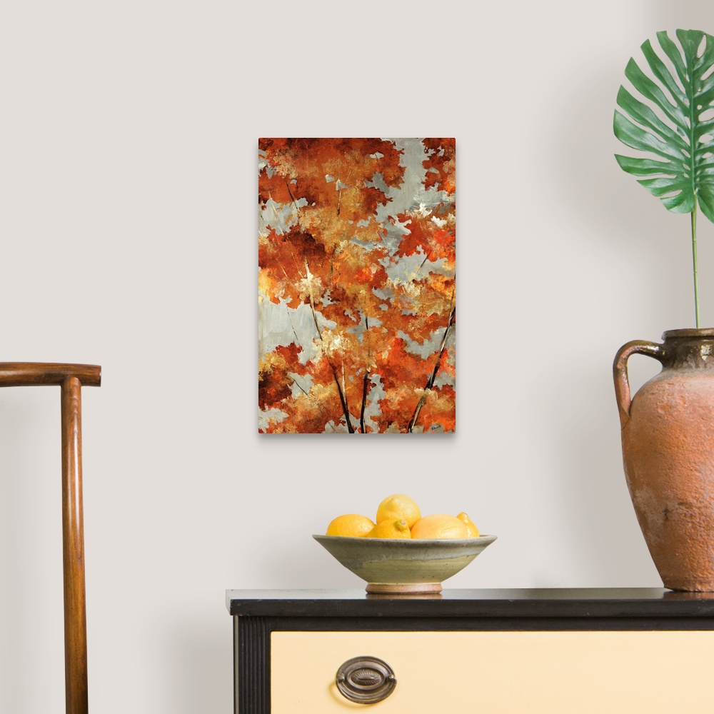A traditional room featuring Painting of autumn leaves in varying fall shades from metallic gold to bright orange to burnt sie...
