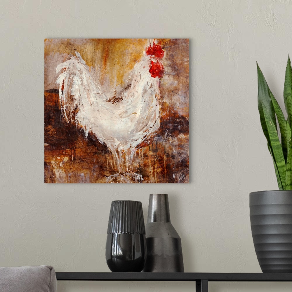 A modern room featuring Contemporary painting of chicken up close against a dark background. The image is created using s...
