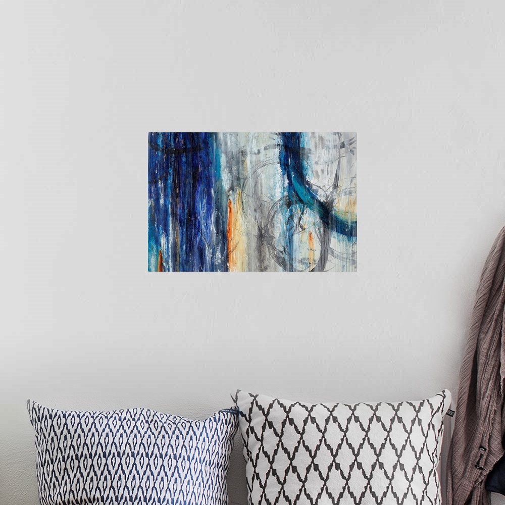 A bohemian room featuring Abstract artwork painted with muted grays and darker blue tones.