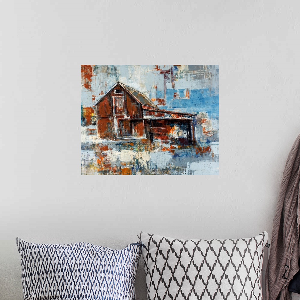 A bohemian room featuring Abstracted artwork of a barn painted with rust colored browns that contrast beautifully with cool...