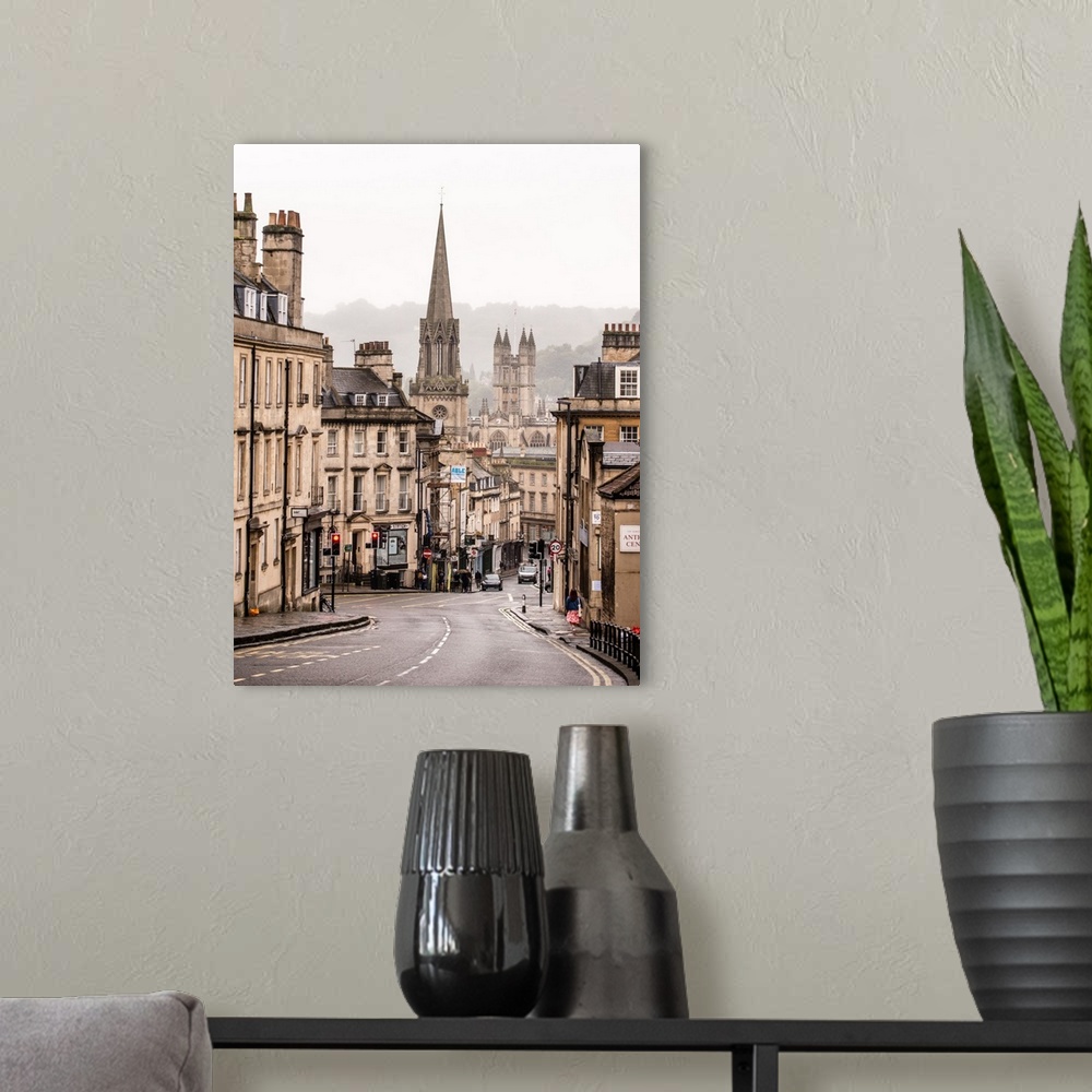 A modern room featuring Vertical photograph of the picturesque street view in the ancient city of Bath, England.