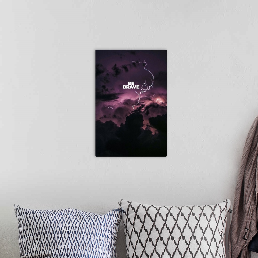 A bohemian room featuring Motivational sentiment over a dramatic lightning strike in storm clouds.