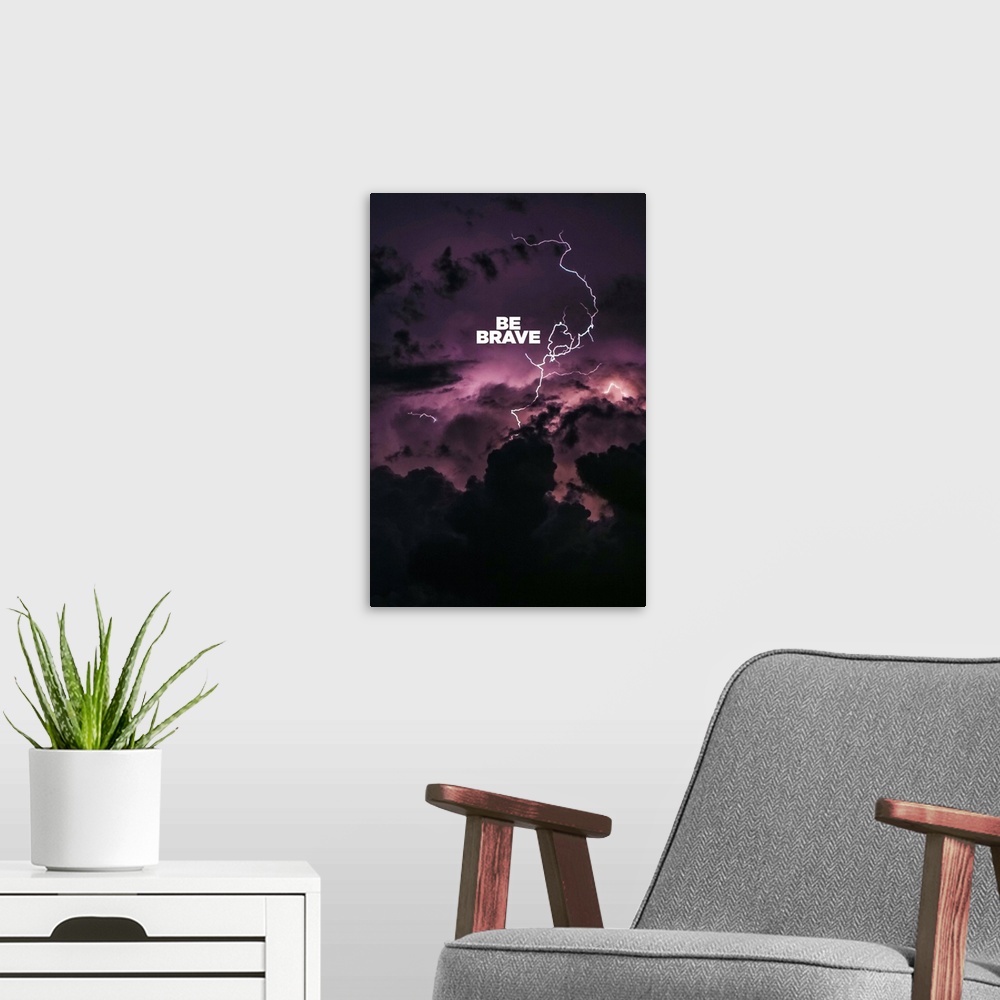 A modern room featuring Motivational sentiment over a dramatic lightning strike in storm clouds.