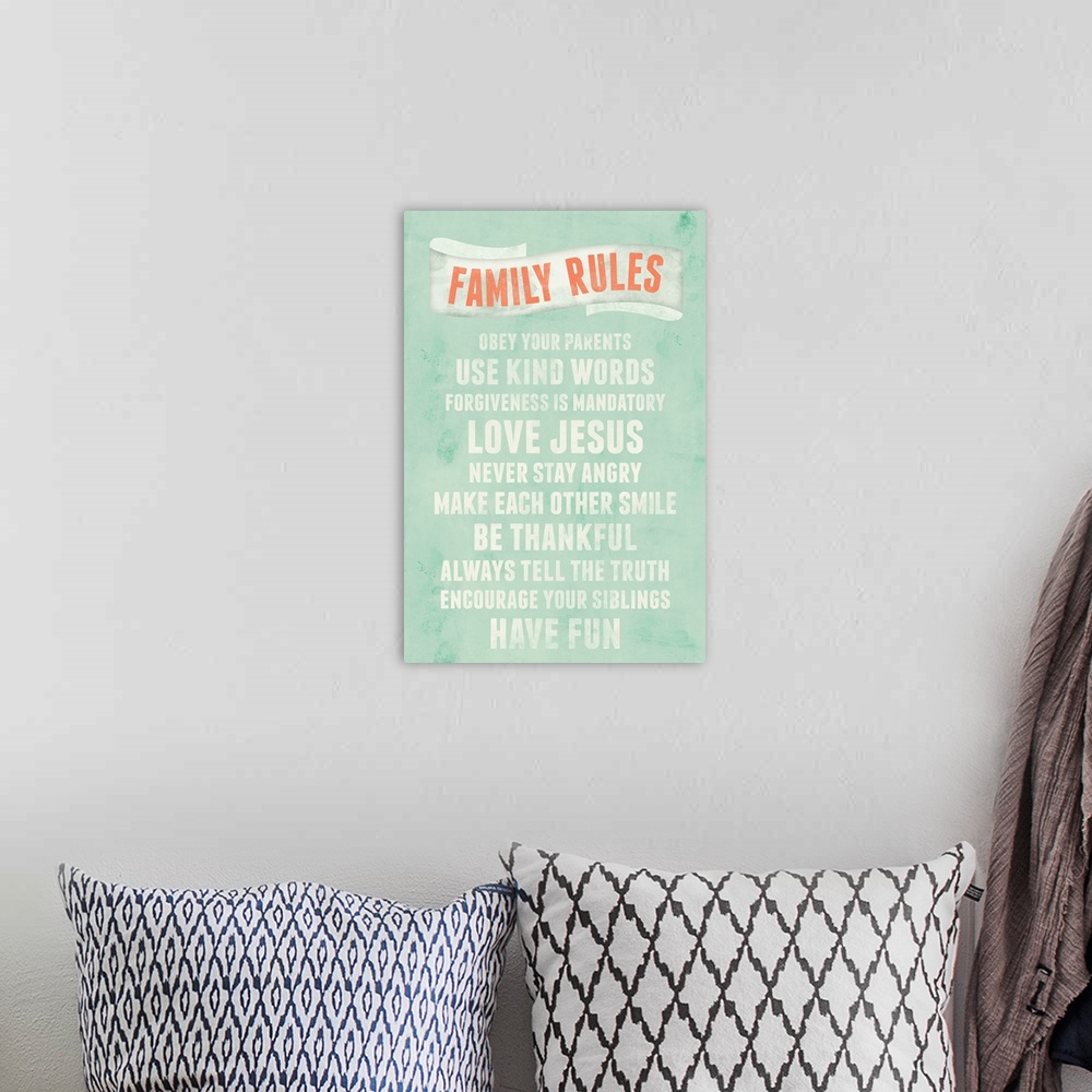 A bohemian room featuring Be Thankful Family Rules
