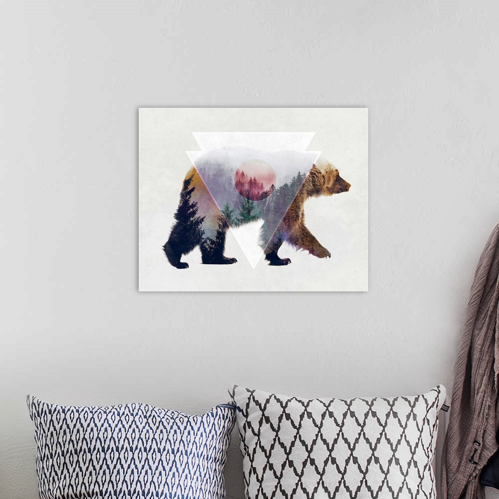 A bohemian room featuring Double exposure artwork of a brown bear and an evergreen forest.