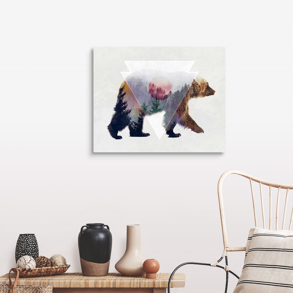 A farmhouse room featuring Double exposure artwork of a brown bear and an evergreen forest.