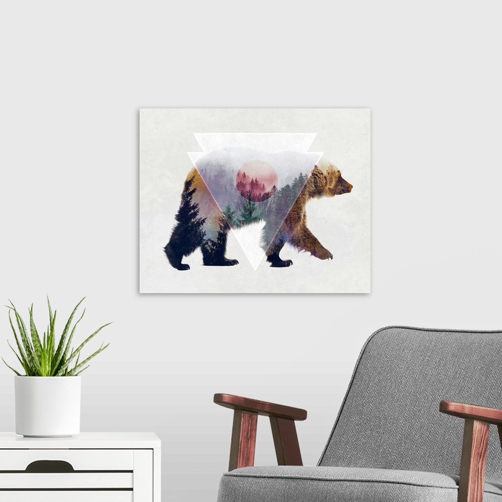 A modern room featuring Double exposure artwork of a brown bear and an evergreen forest.