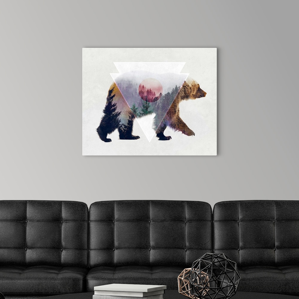 A modern room featuring Double exposure artwork of a brown bear and an evergreen forest.