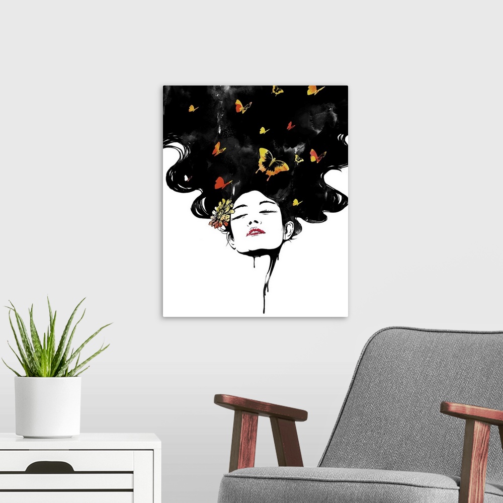 A modern room featuring Illustration of a woman's face with her hair flowing above her, filled with butterflies.
