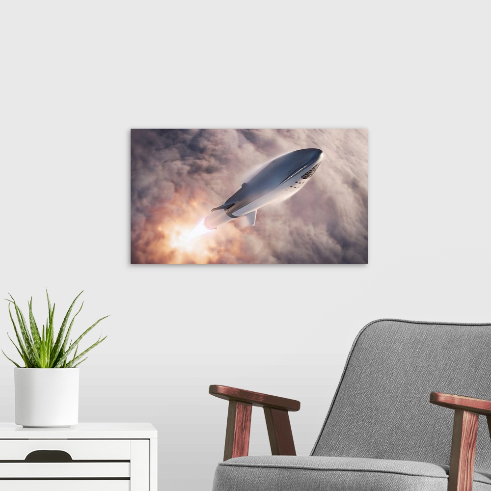 A modern room featuring Artist Rendering of SpaceX's Starship and Super Heavy (formerly known as BFR).