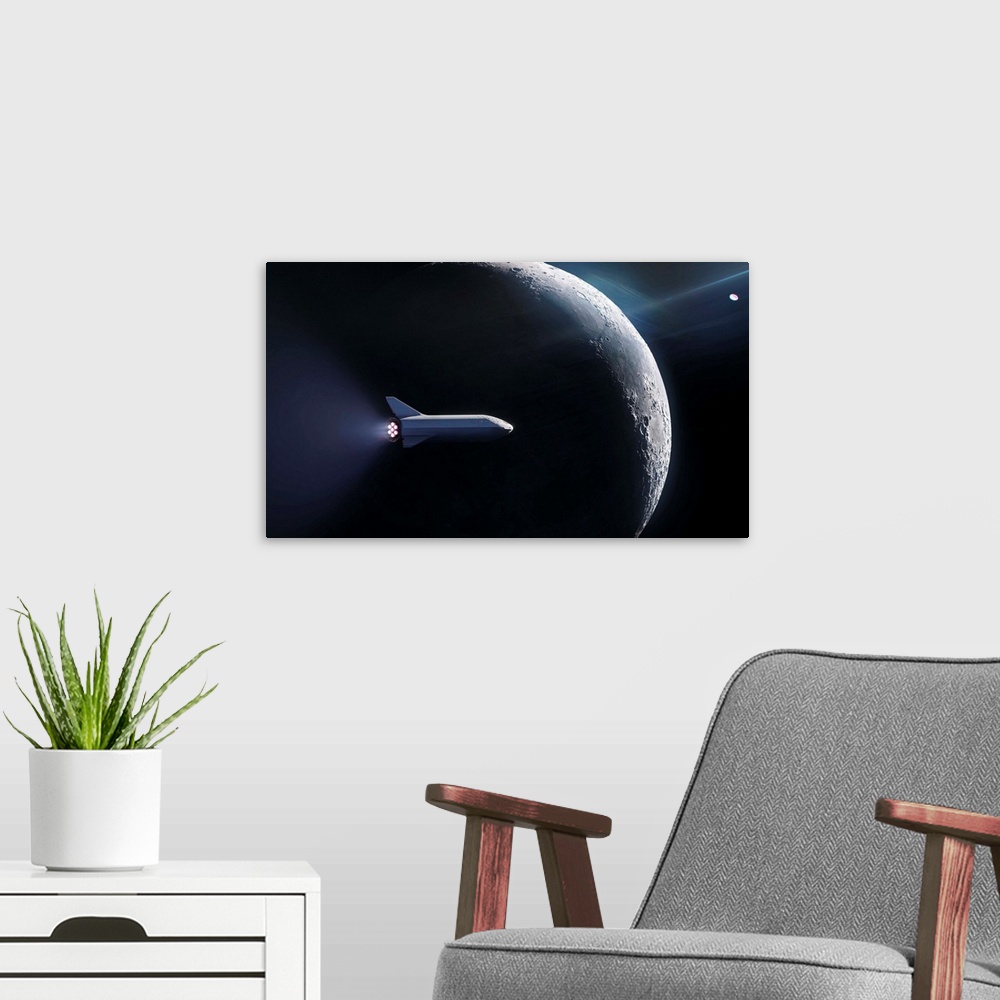 A modern room featuring Artist Rendering of SpaceX's Starship and Super Heavy (formerly known as BFR).