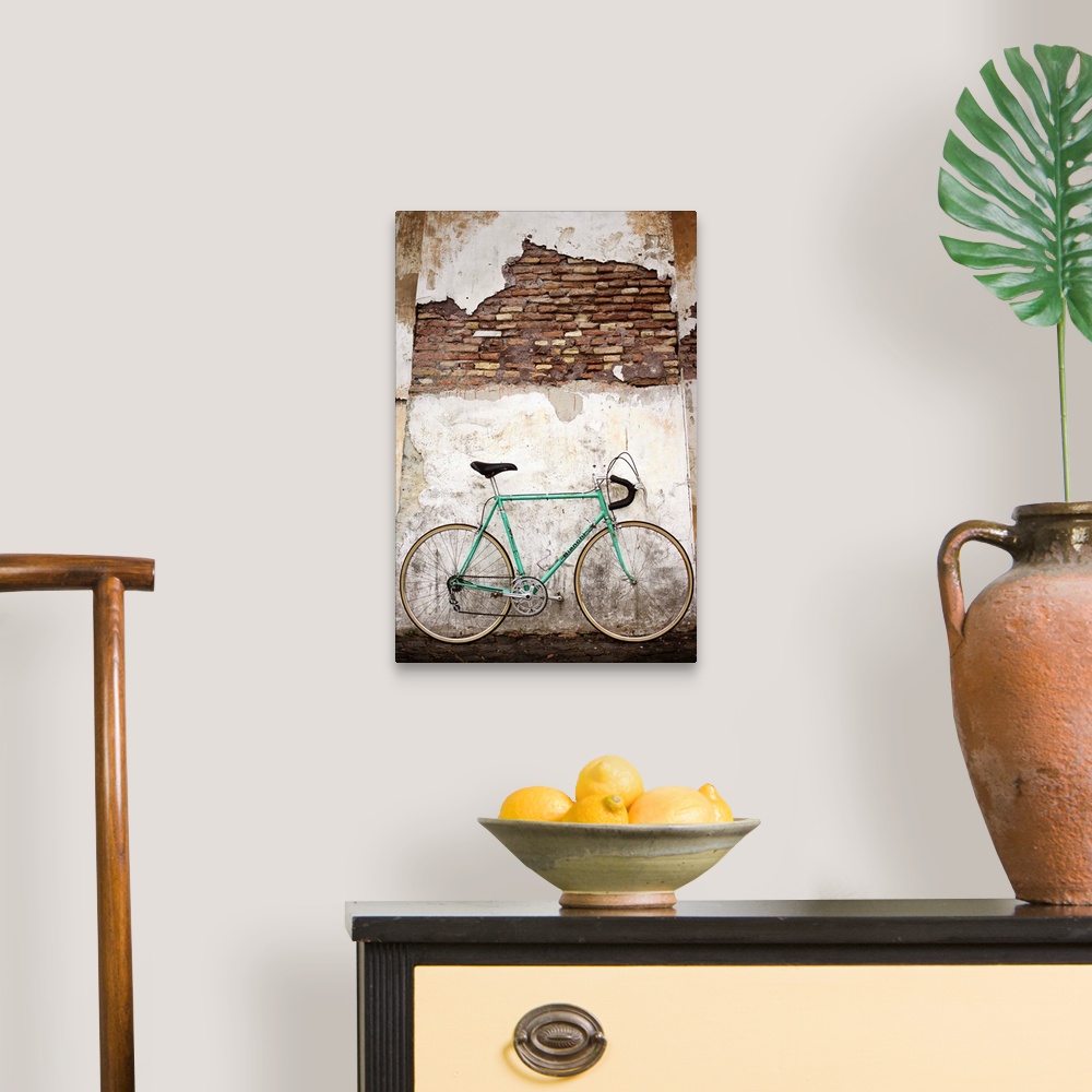 A traditional room featuring Photograph of a bicycle leaning up against an old wall in Rome.