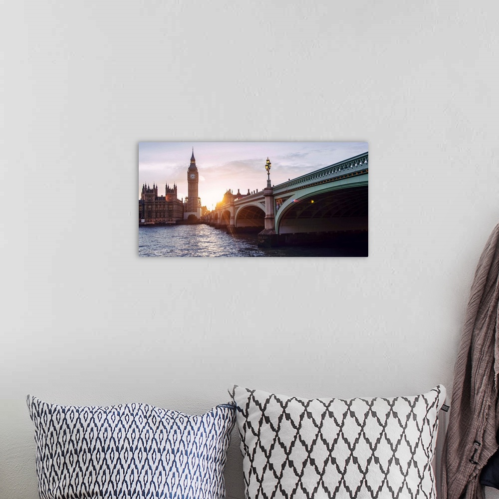 A bohemian room featuring Photograph of Big Ben and the Westminster Bridge at sunset.