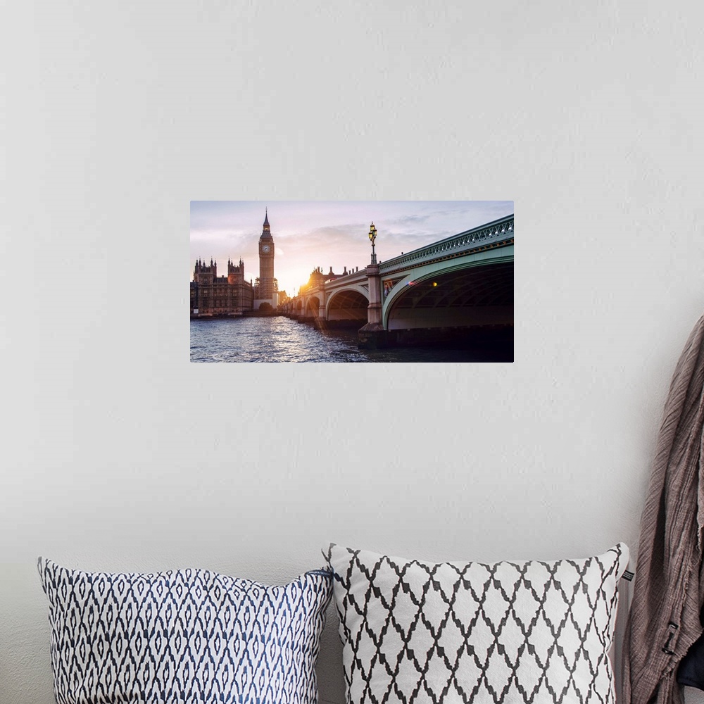 A bohemian room featuring Photograph of Big Ben and the Westminster Bridge at sunset.