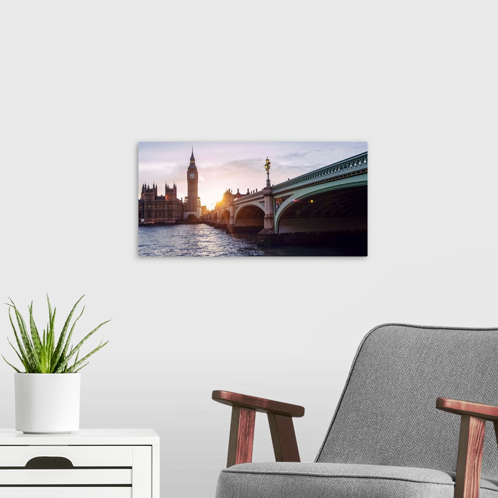 A modern room featuring Photograph of Big Ben and the Westminster Bridge at sunset.