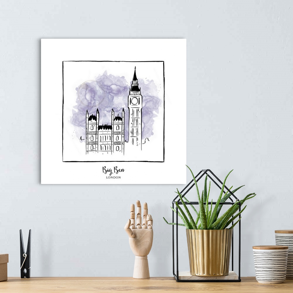 A bohemian room featuring An ink illustration of Big Ben in London, England, with a lavender watercolor wash.