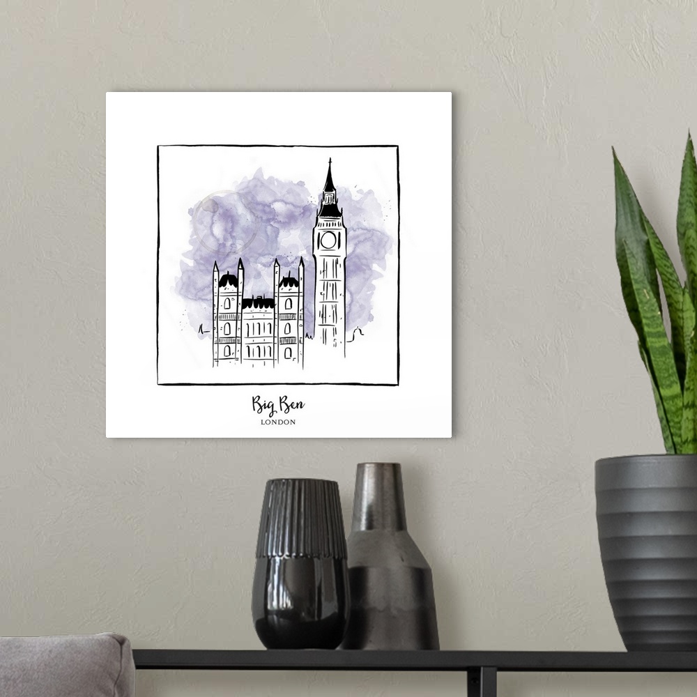 A modern room featuring An ink illustration of Big Ben in London, England, with a lavender watercolor wash.
